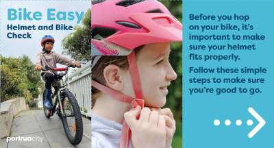 Screengrab from brochure showing a child on a bike and a child with a helmet on